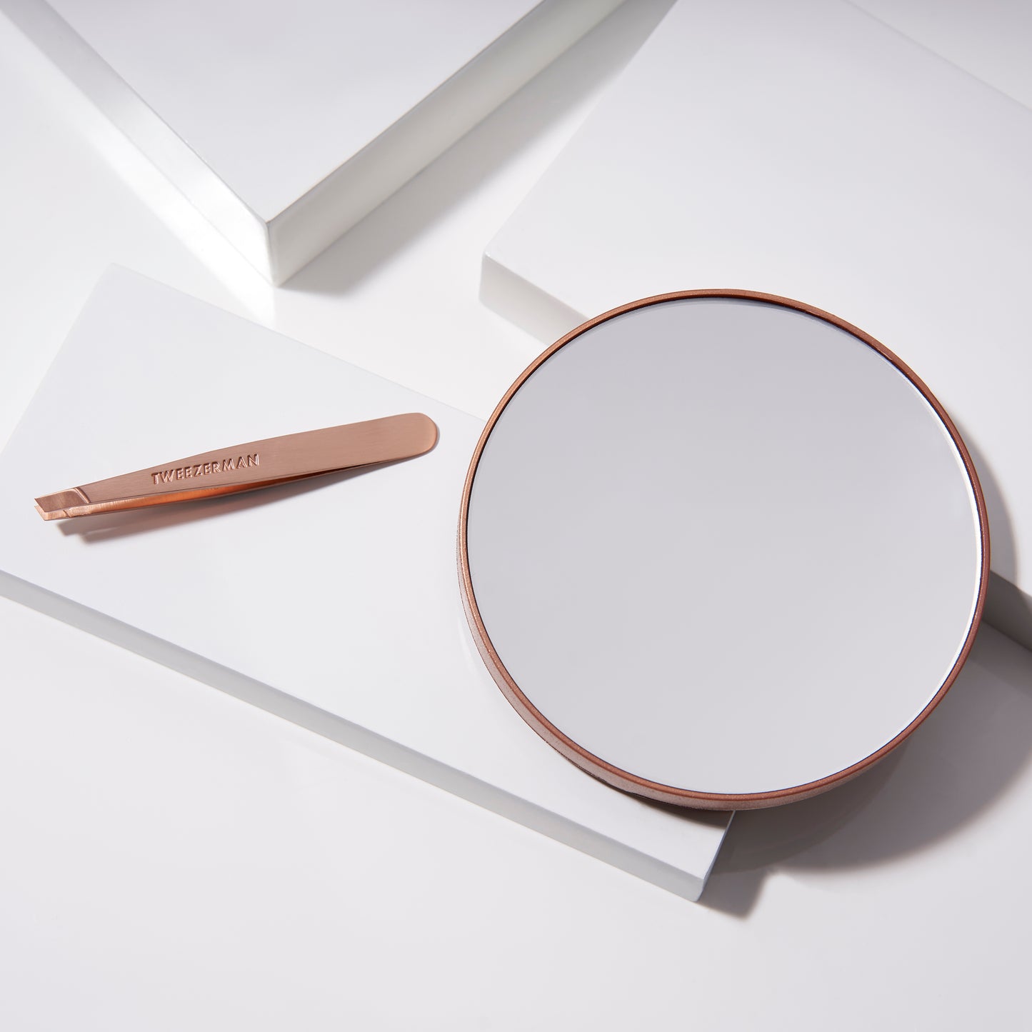 Rose Gold Mini Slant Tweezer and 10X Mirror-Mini Pinza y Espejo 10X  Oro Rosa